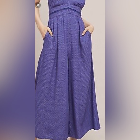 Anthropologie | Maeve Syros Ruffled Blue Pin Dot Flowing Wide Leg Jumpsuit - Picture 9 of 10